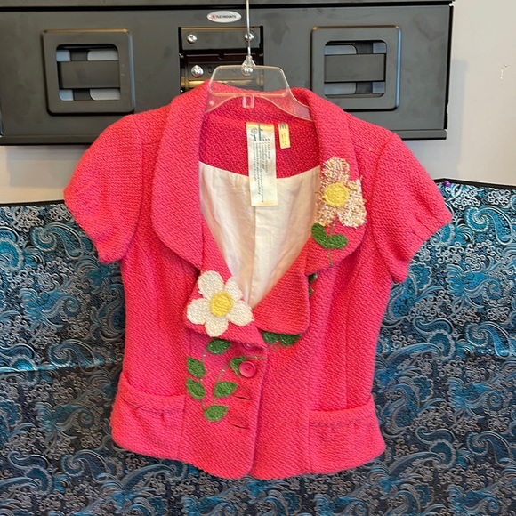 Anthropologie Jackets & Blazers - IF ANTHROPOLOGIE Pink Crochet Flowers Jacket Medium Darling Coat If I had Wings